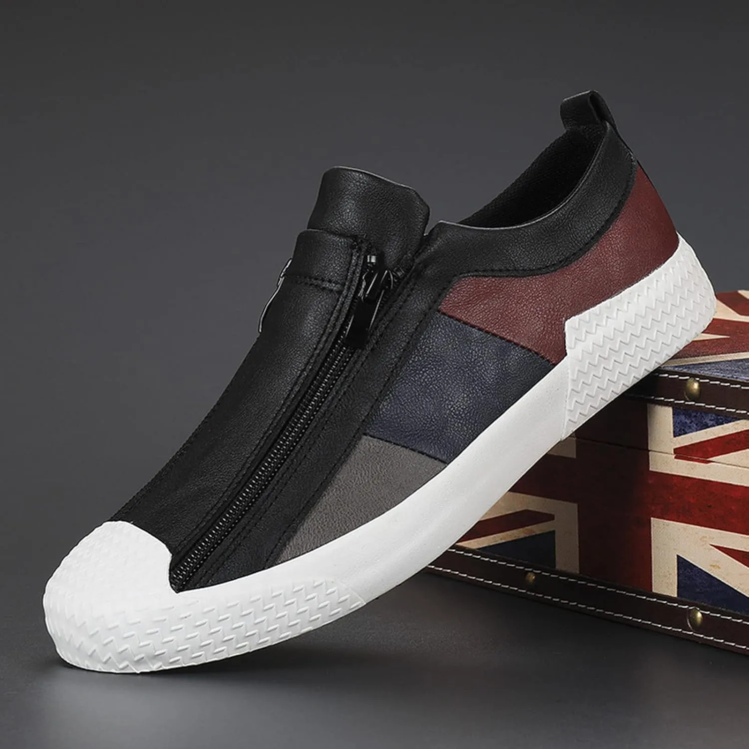 AngryMonkey Men's Low-top Colorblock Sneakers,Fashion Comfort Slip On Double Zipper Anti-Slip Flat Casual Leather Walking Loafers