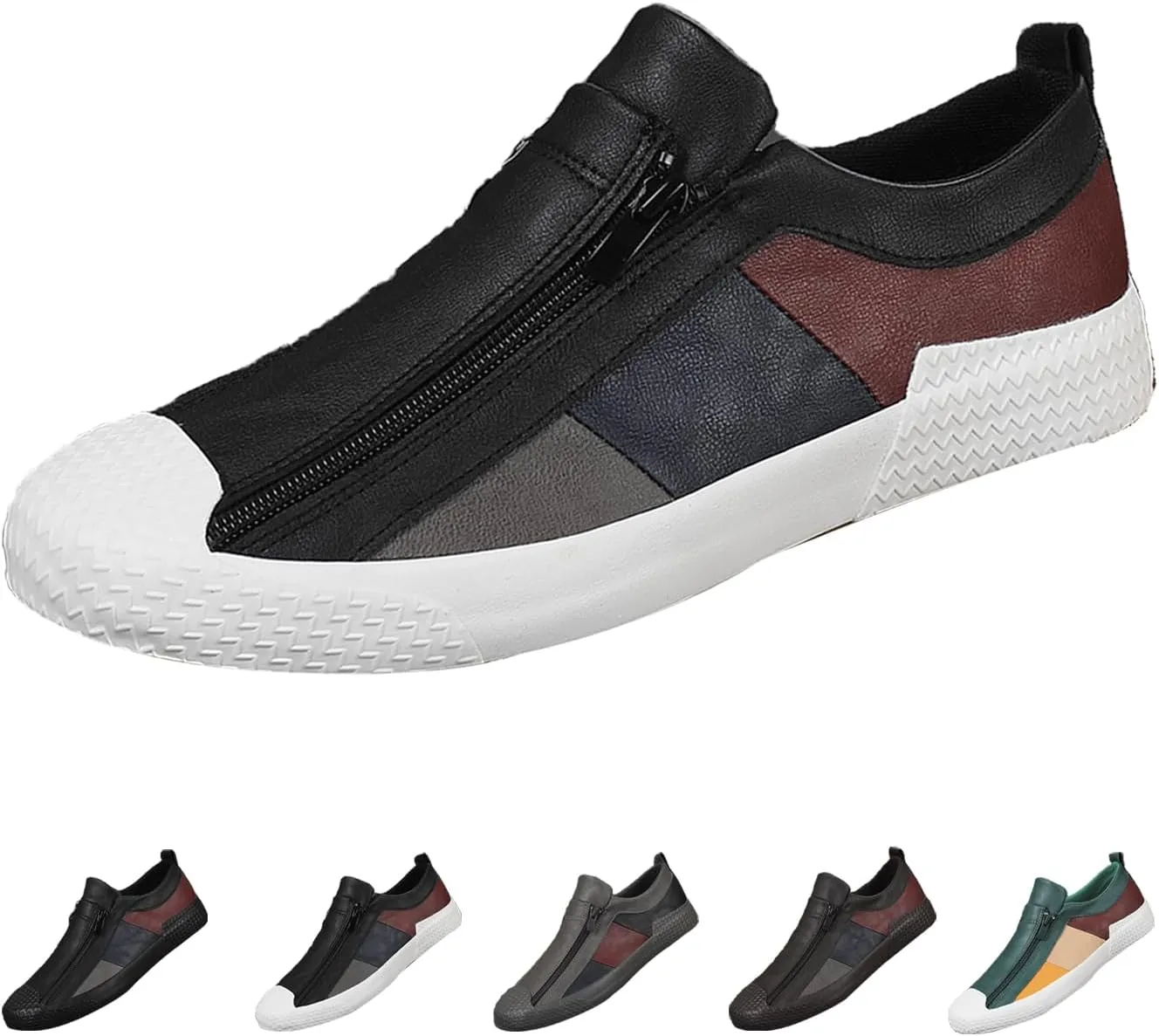AngryMonkey Men's Low-top Colorblock Sneakers,Fashion Comfort Slip On Double Zipper Anti-Slip Flat Casual Leather Walking Loafers