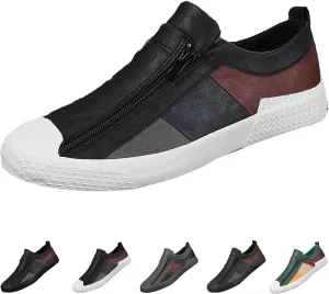 AngryMonkey Men's Low-top Colorblock Sneakers,Fashion Comfort Slip On Double Zipper Anti-Slip Flat Casual Leather Walking Loafers