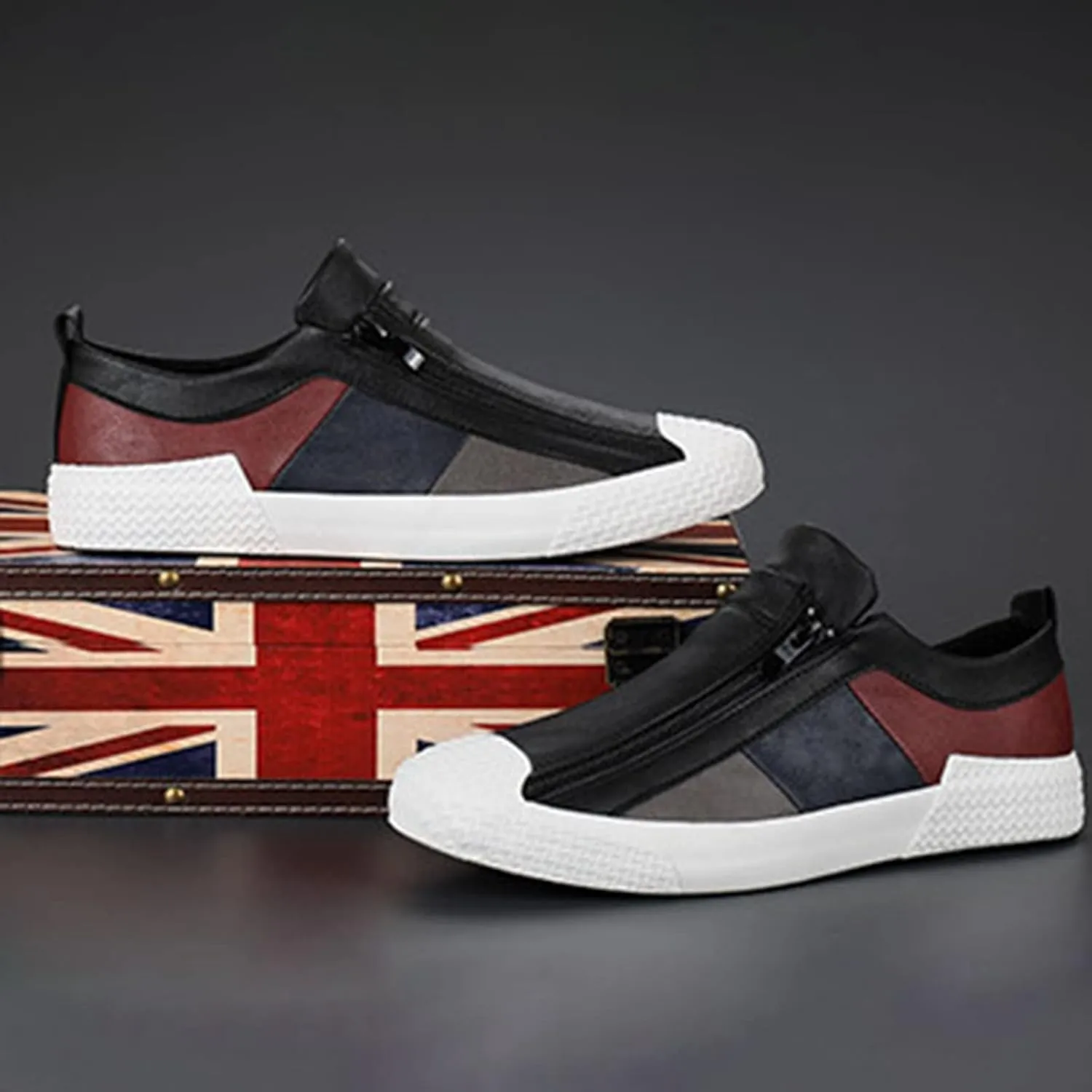 AngryMonkey Men's Low-top Colorblock Sneakers,Fashion Comfort Slip On Double Zipper Anti-Slip Flat Casual Leather Walking Loafers