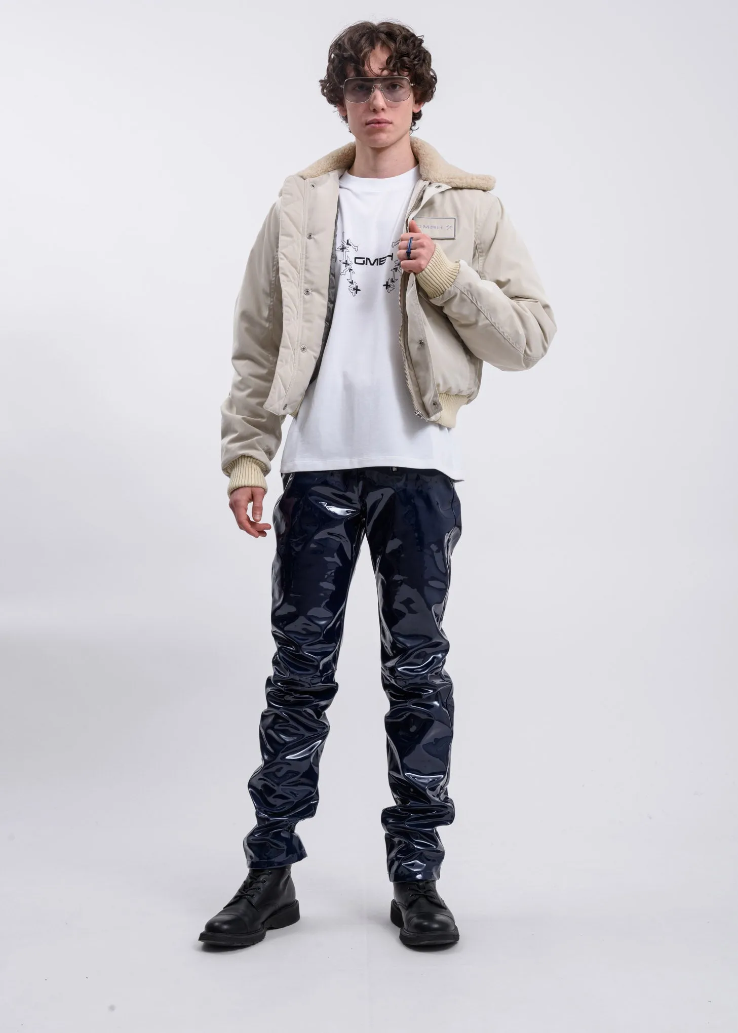 Beige Satin Pilot Jacket w/ Wool Collar