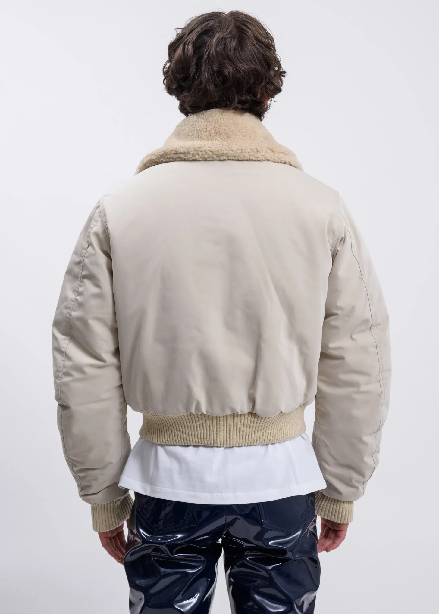 Beige Satin Pilot Jacket w/ Wool Collar
