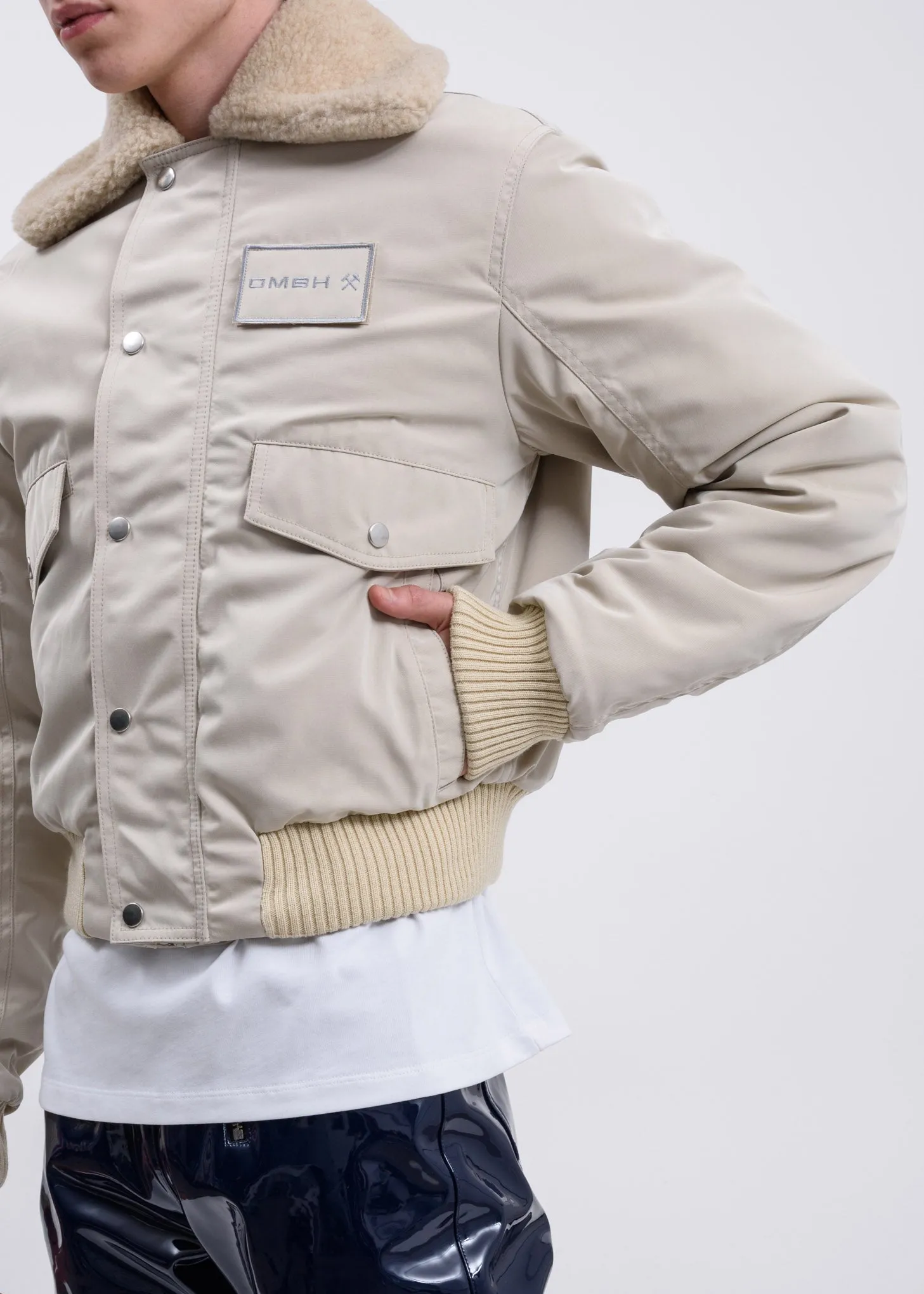 Beige Satin Pilot Jacket w/ Wool Collar