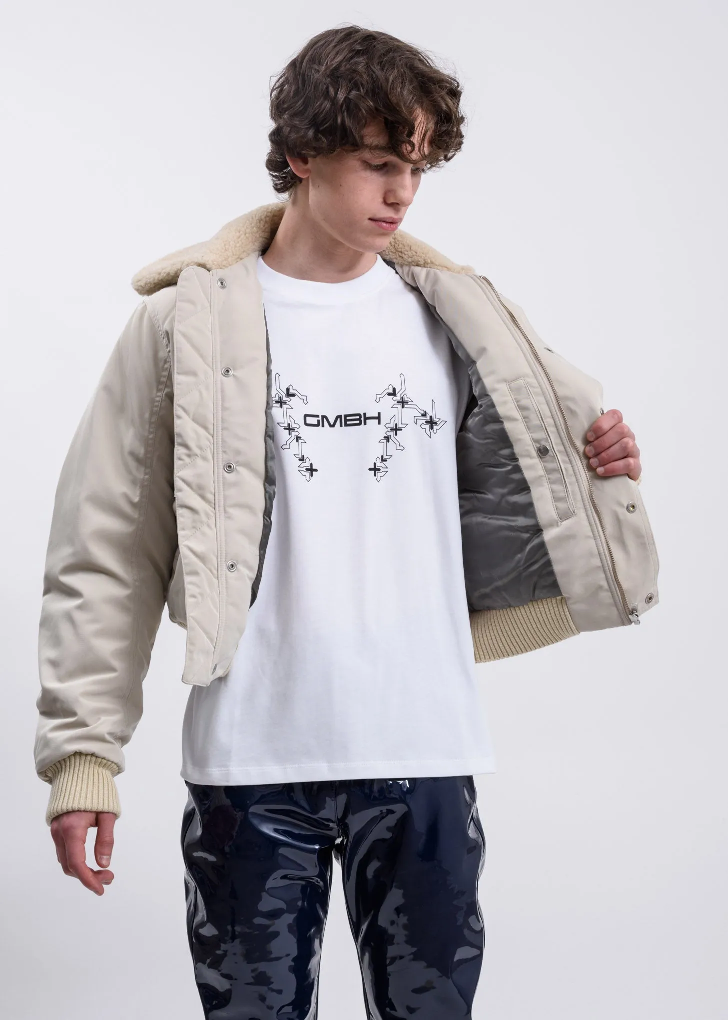 Beige Satin Pilot Jacket w/ Wool Collar