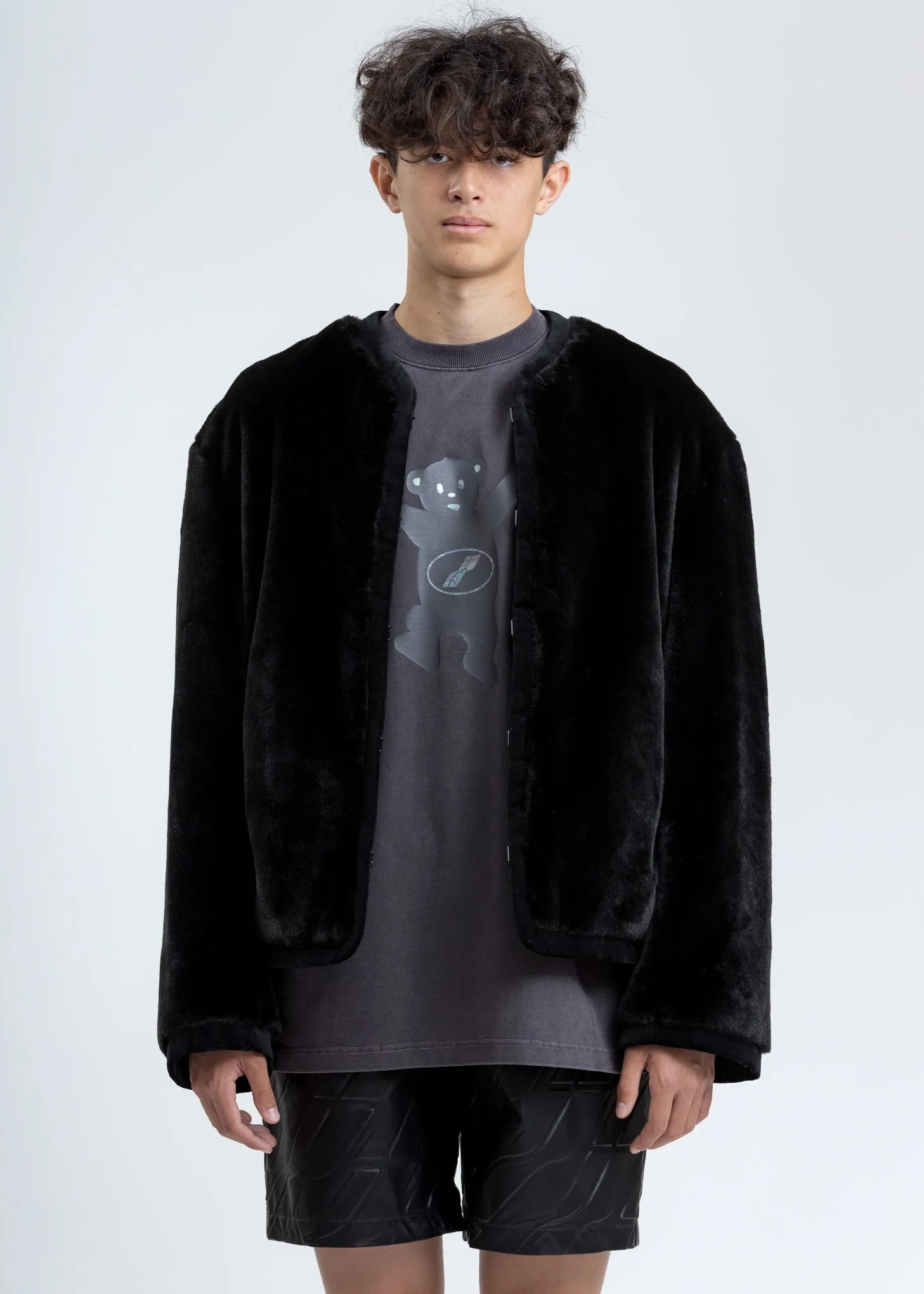 Black Faux Fur Round Neck Jacket