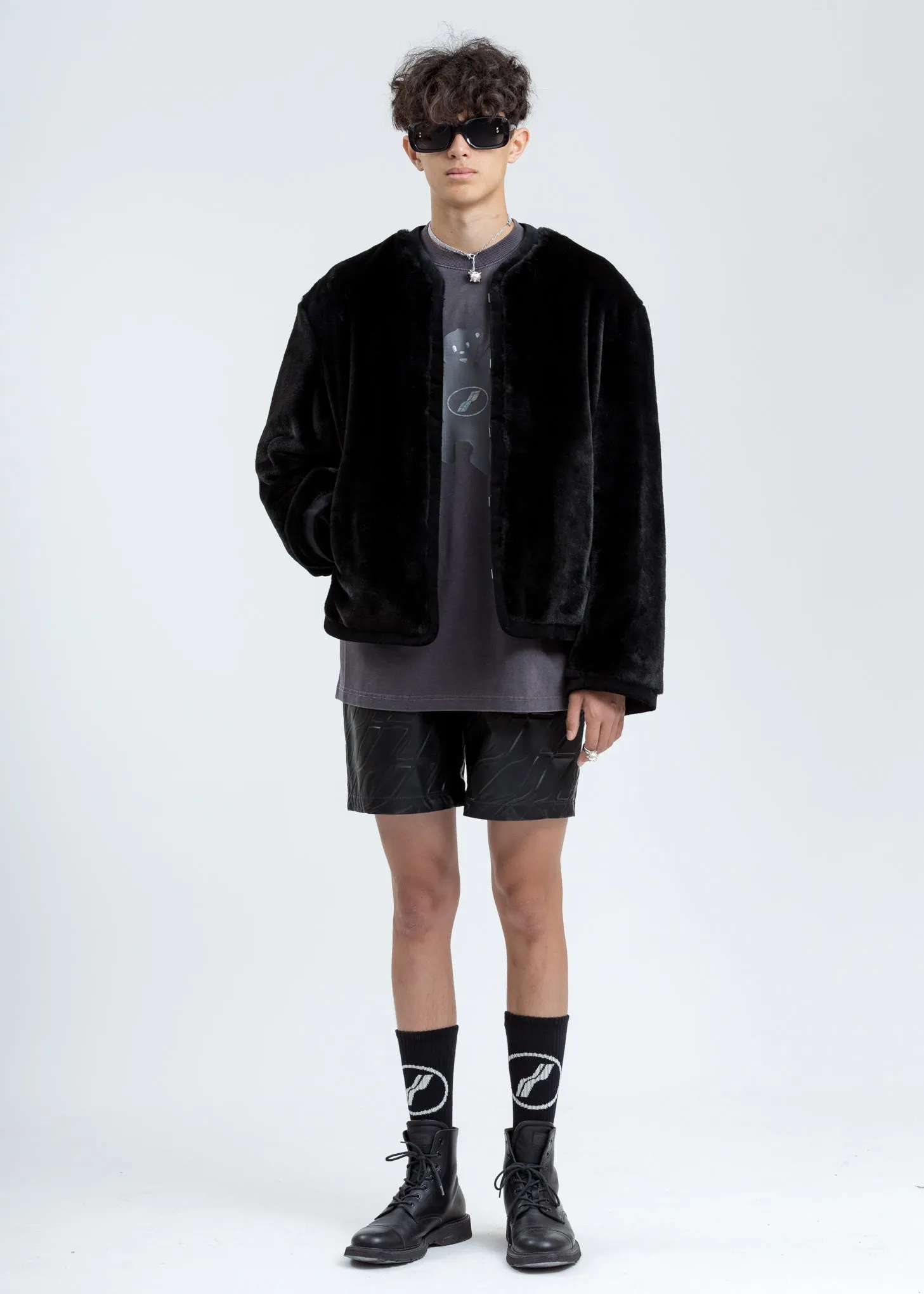 Black Faux Fur Round Neck Jacket