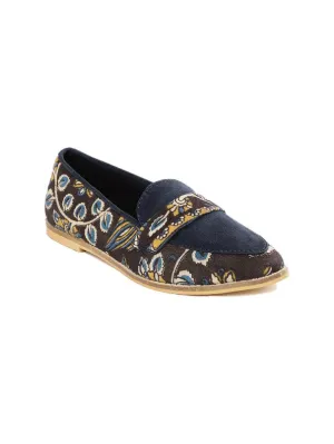 Brown & Navy Blue Floral Block Printed Slip-on Loafers