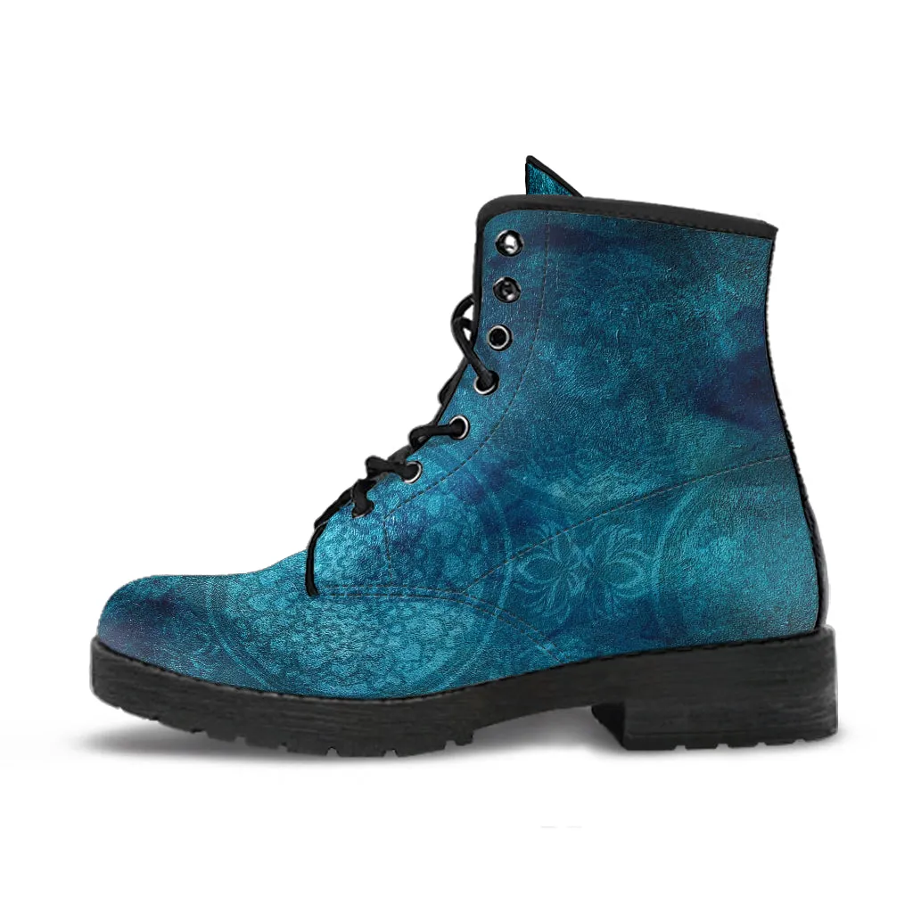 Combat Boots - Rugged Look Blue Mandala Boots | Custom Shoes, Cool Shoes, Vegan Shoes, Mandala Art, Vegan Leather, Hippie Boots