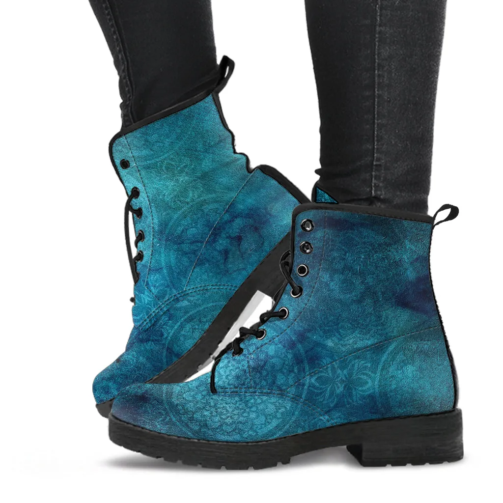 Combat Boots - Rugged Look Blue Mandala Boots | Custom Shoes, Cool Shoes, Vegan Shoes, Mandala Art, Vegan Leather, Hippie Boots