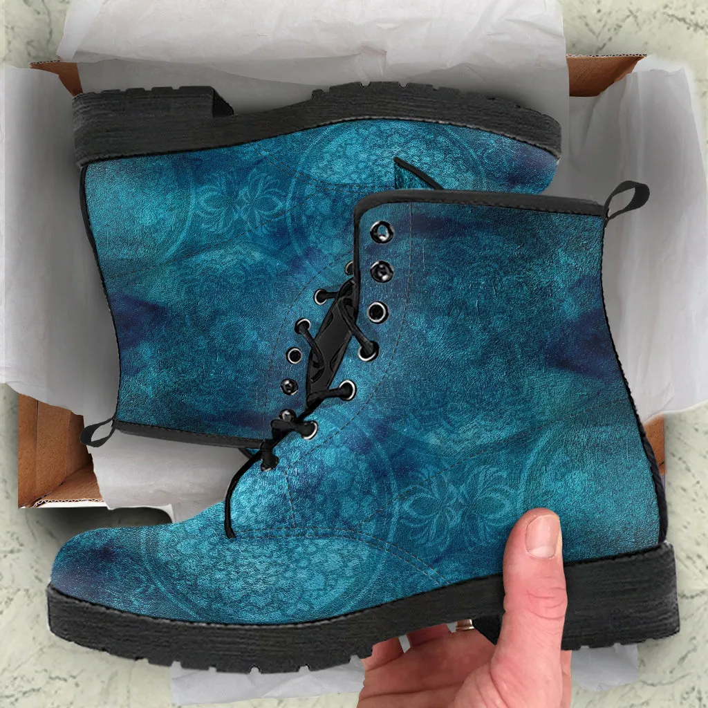 Combat Boots - Rugged Look Blue Mandala Boots | Custom Shoes, Cool Shoes, Vegan Shoes, Mandala Art, Vegan Leather, Hippie Boots