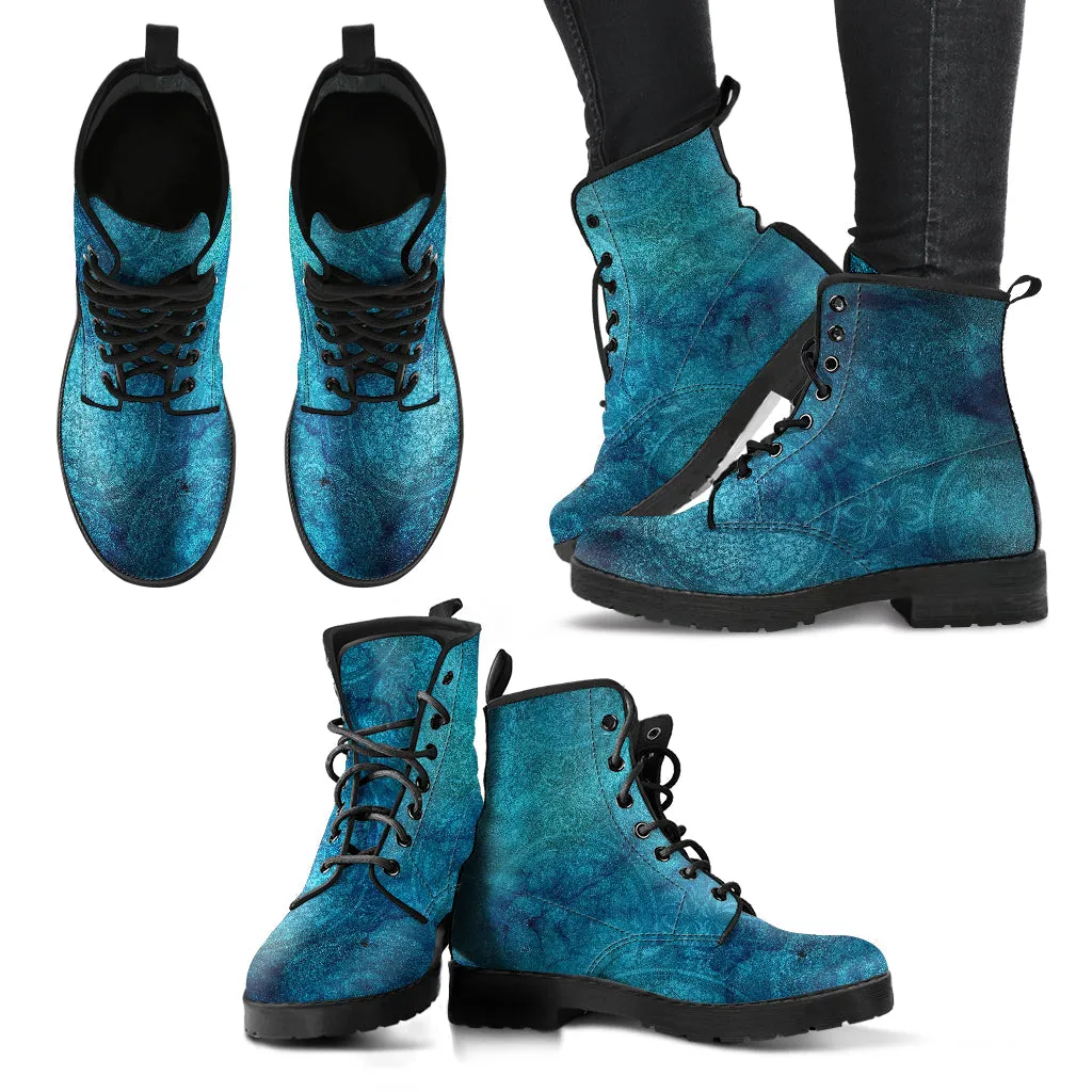 Combat Boots - Rugged Look Blue Mandala Boots | Custom Shoes, Cool Shoes, Vegan Shoes, Mandala Art, Vegan Leather, Hippie Boots
