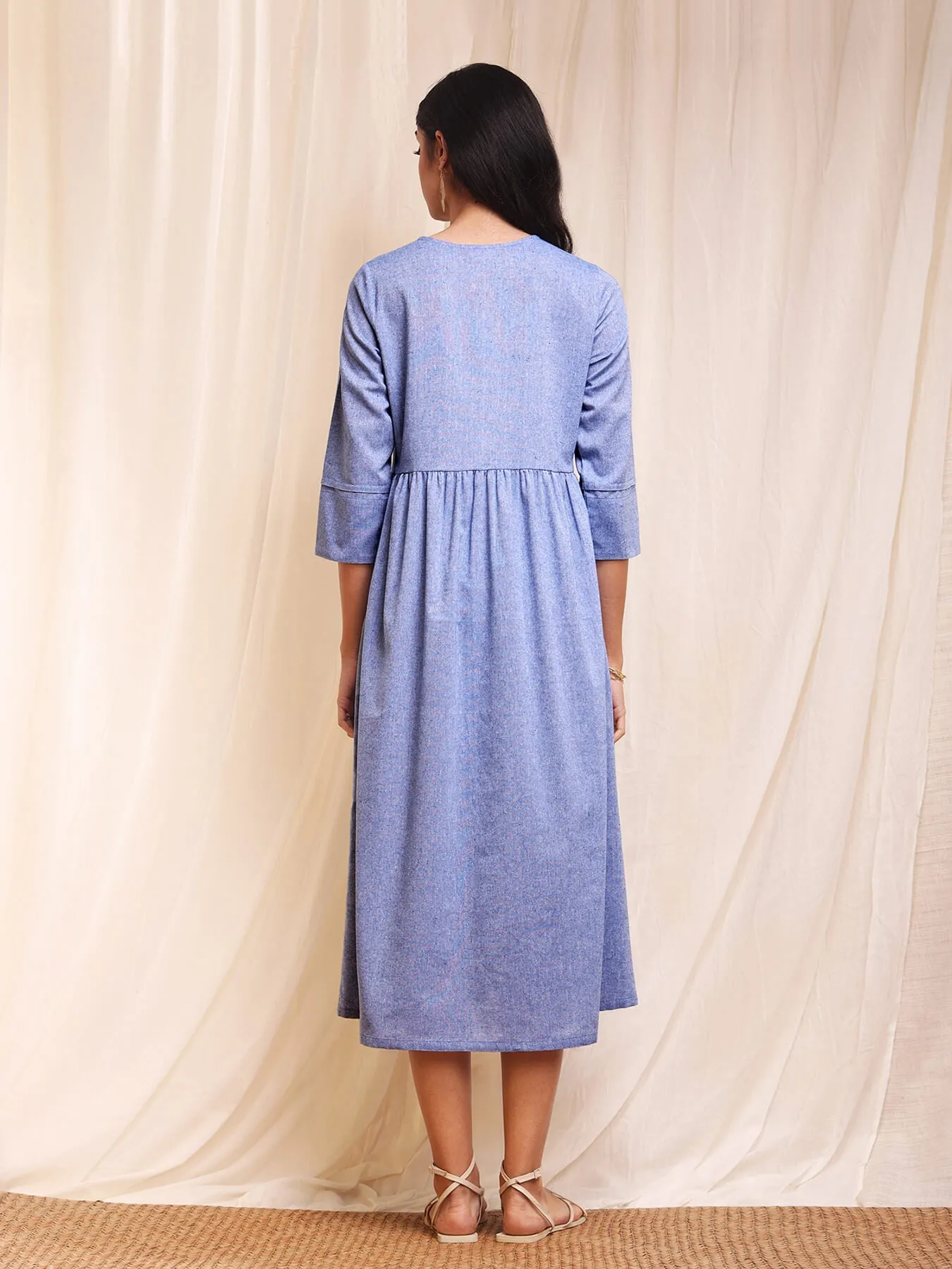 Cotton Chambray Flared Dress - Light Blue