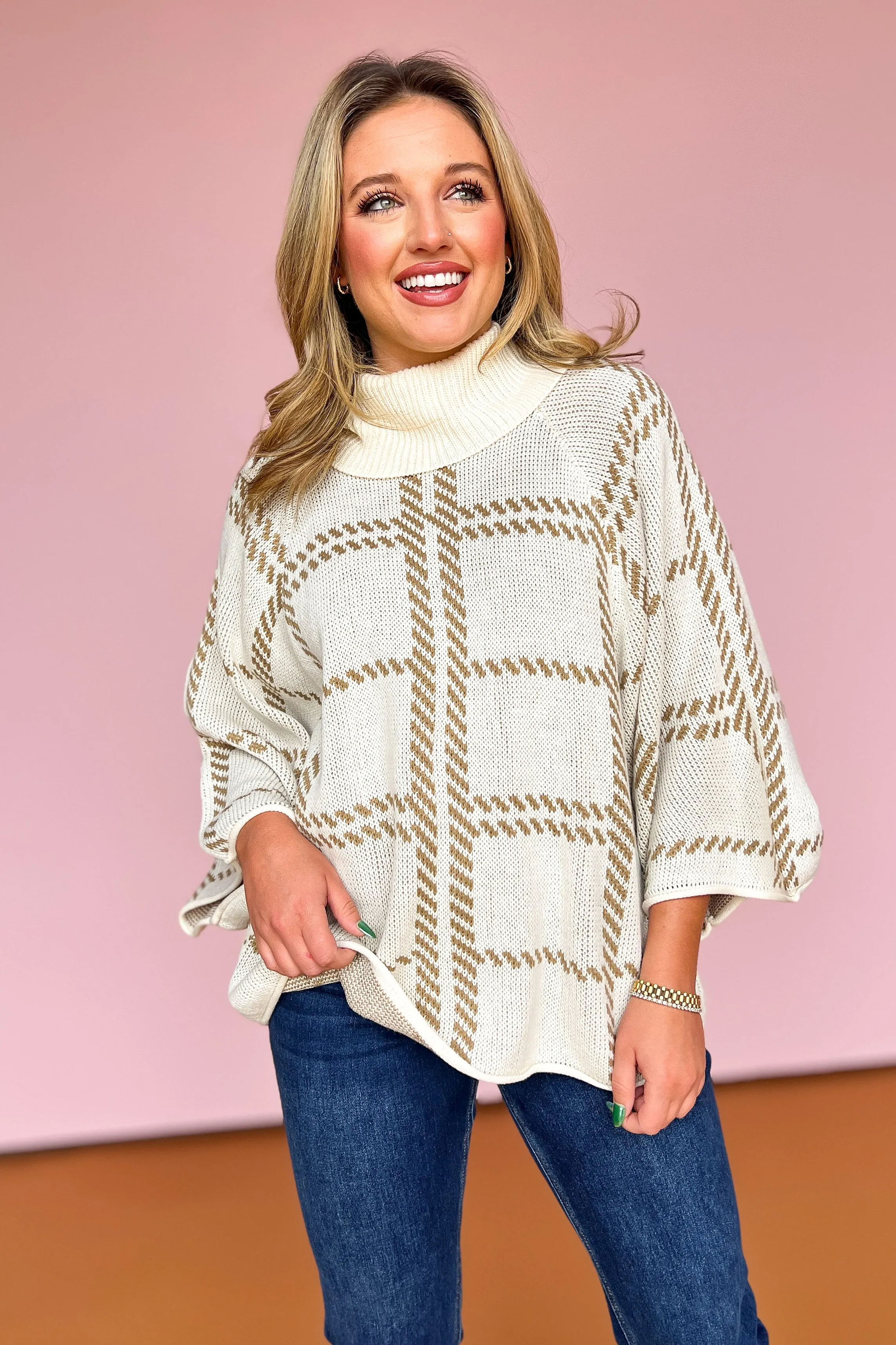 Cream Plaid Knit Batwing Sleeve Top