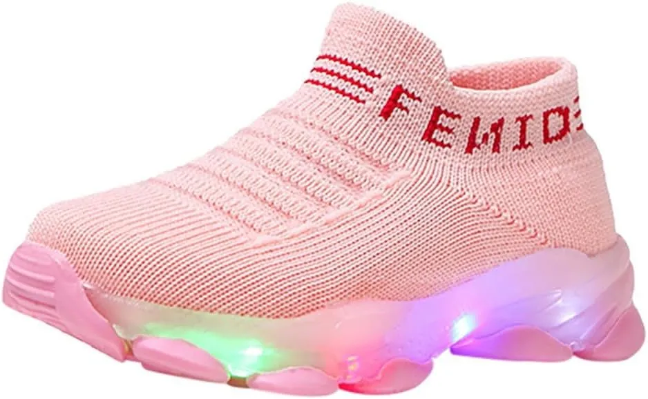 Crochet Sole Non Slip Light up Sneakers for Toddler Boys Kids Soft Rubber Baby First Walking Running Sport Shoes