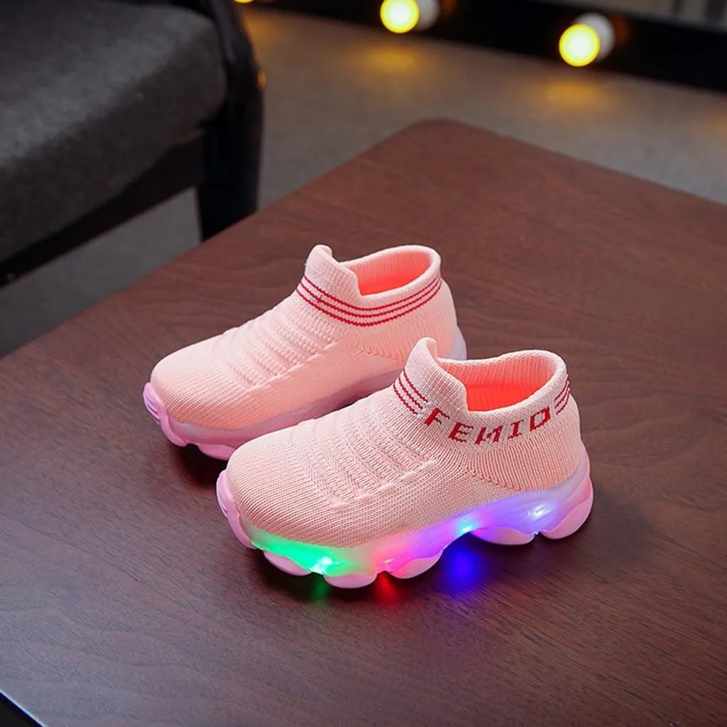 Crochet Sole Non Slip Light up Sneakers for Toddler Boys Kids Soft Rubber Baby First Walking Running Sport Shoes