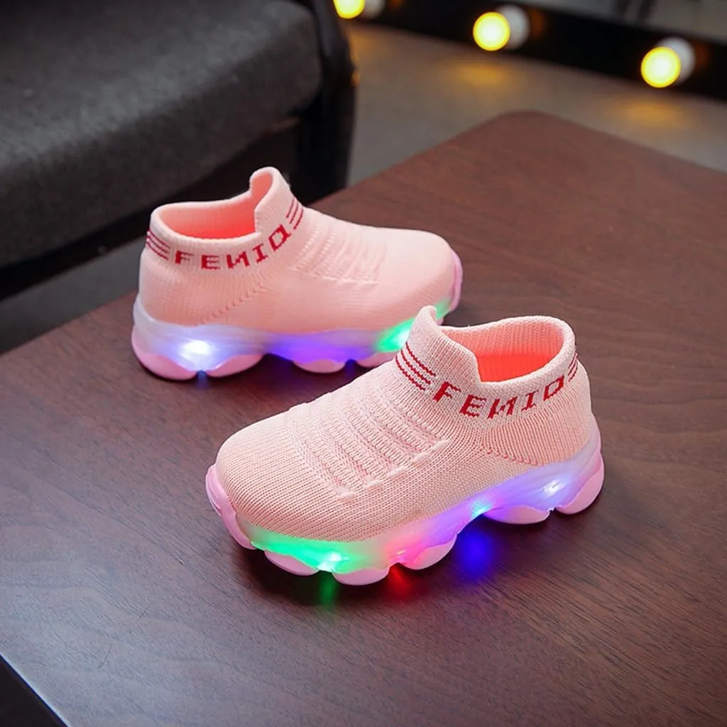 Crochet Sole Non Slip Light up Sneakers for Toddler Boys Kids Soft Rubber Baby First Walking Running Sport Shoes