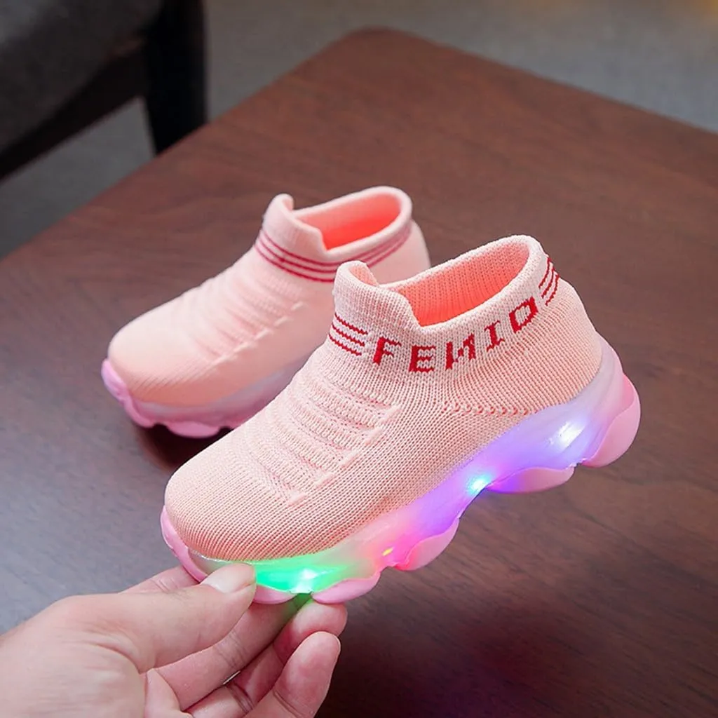 Crochet Sole Non Slip Light up Sneakers for Toddler Boys Kids Soft Rubber Baby First Walking Running Sport Shoes