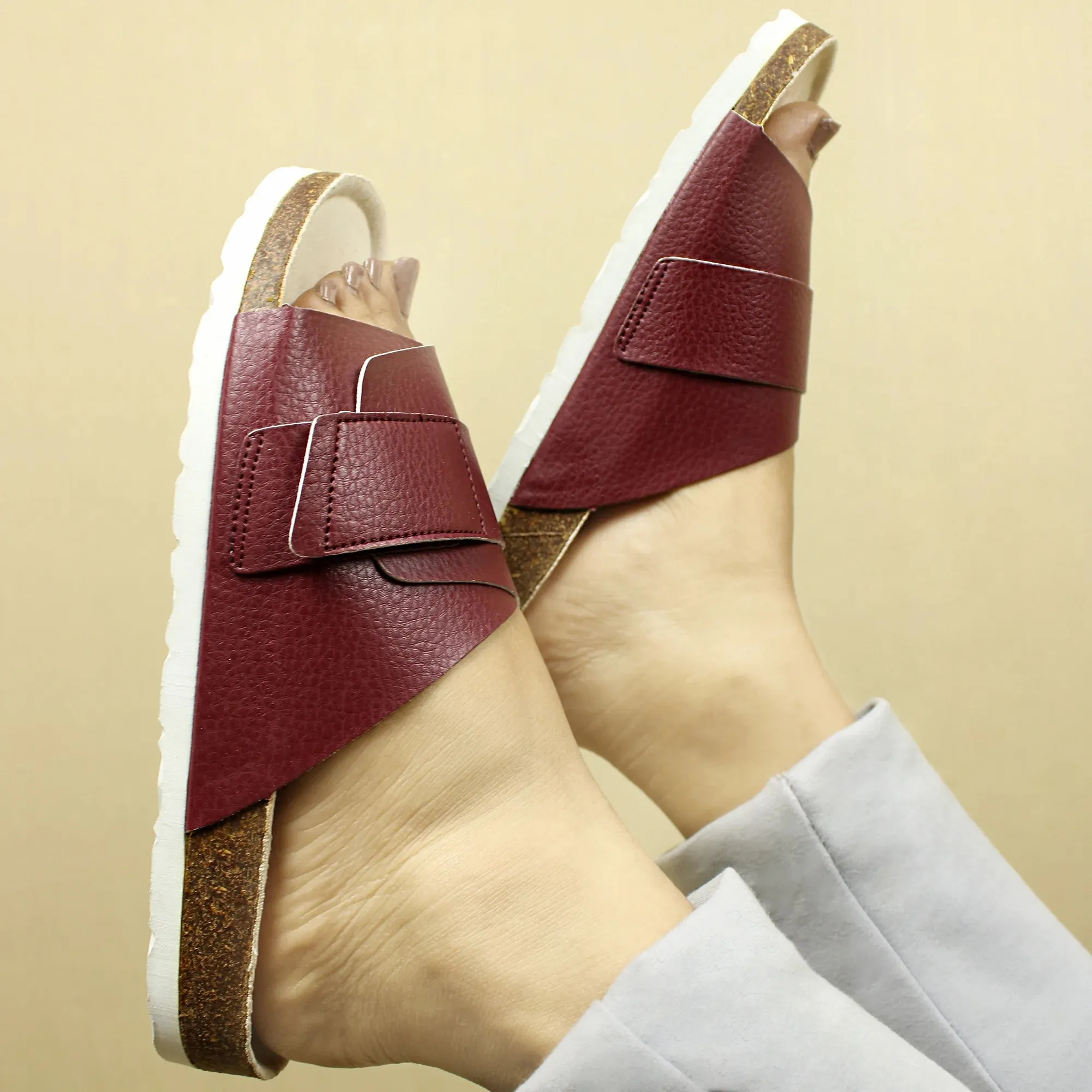 Double Layered Fresh Plum Cork Sandals for Women