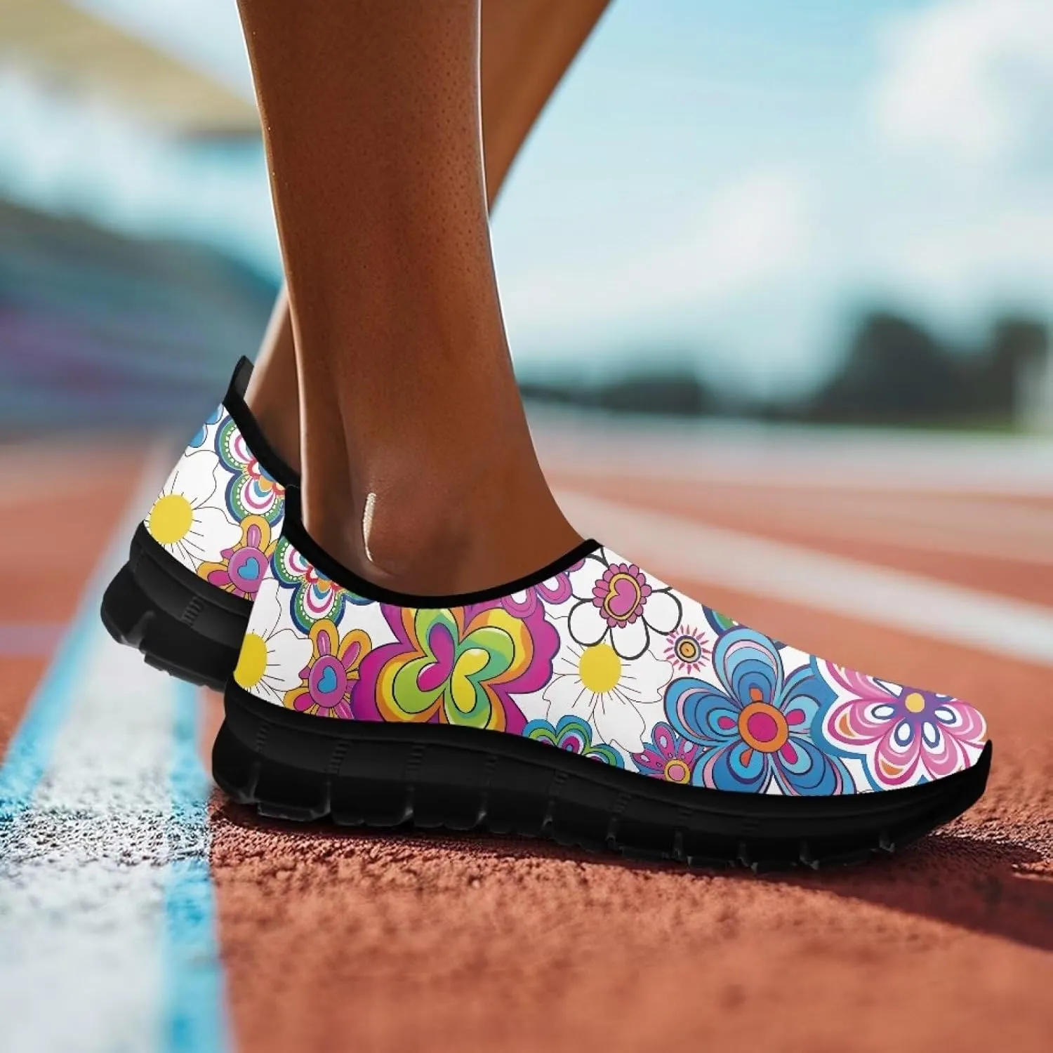 Floral Print Sneakers for Women Casual Low-Top Soft Anti-Skid Sneakers Slip On Lightweight Holiday Travel Shoes for Teen Girls US 5.5-11.5