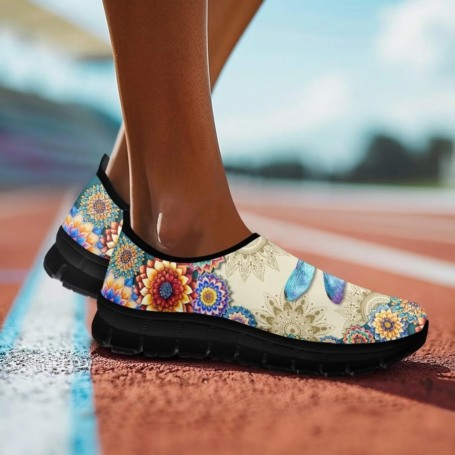 Floral Print Sneakers for Women Casual Low-Top Soft Anti-Skid Sneakers Slip On Lightweight Holiday Travel Shoes for Teen Girls US 5.5-11.5
