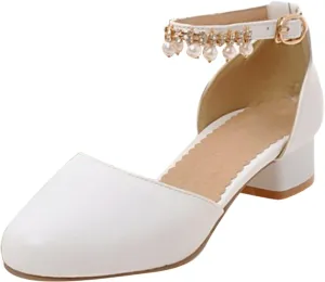 Girls Heels Dress Shoes Mary Jane Rhinestone Bows Pumps Low Heel Princess Flower Wedding Party for Toddler Little Kid