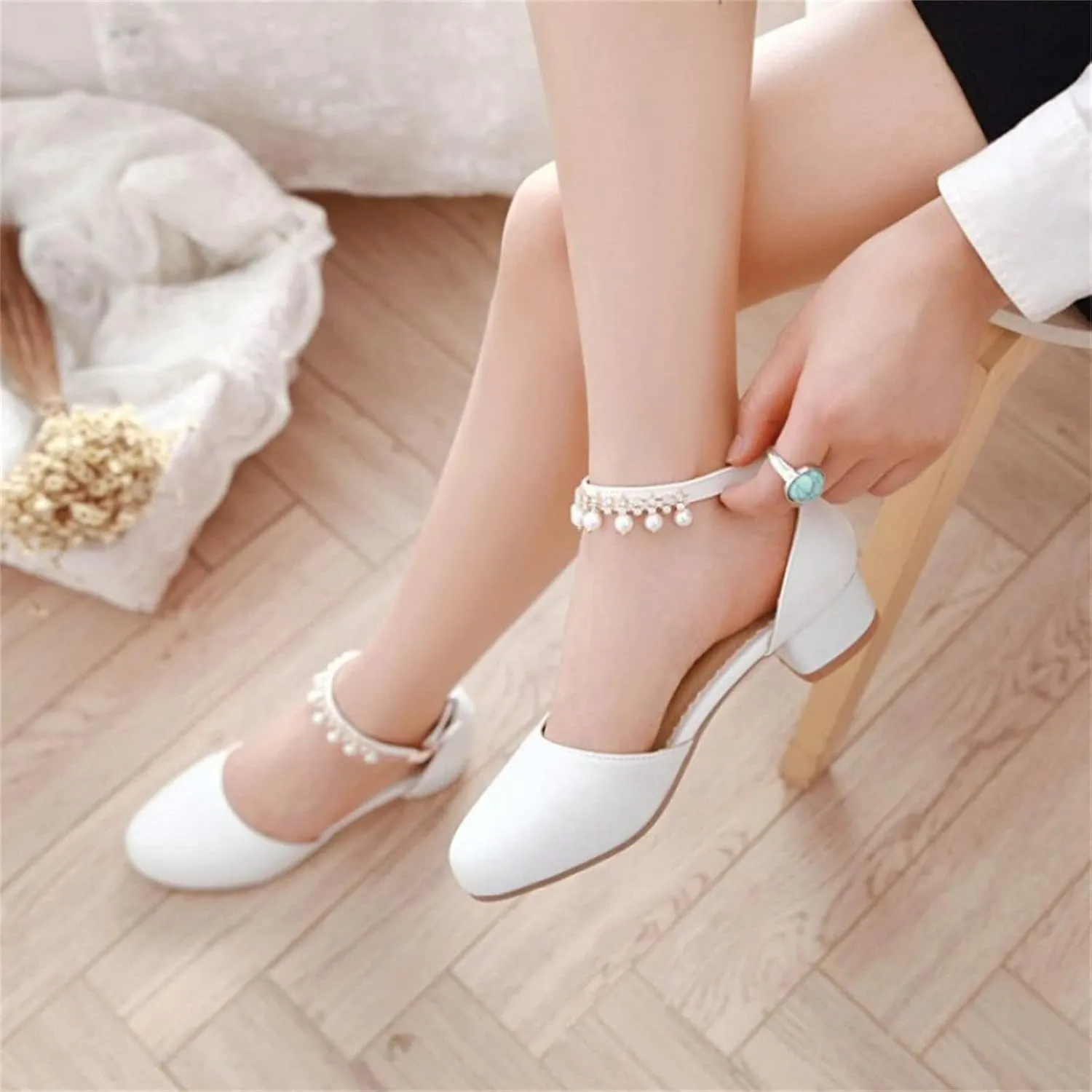 Girls Heels Dress Shoes Mary Jane Rhinestone Bows Pumps Low Heel Princess Flower Wedding Party for Toddler Little Kid