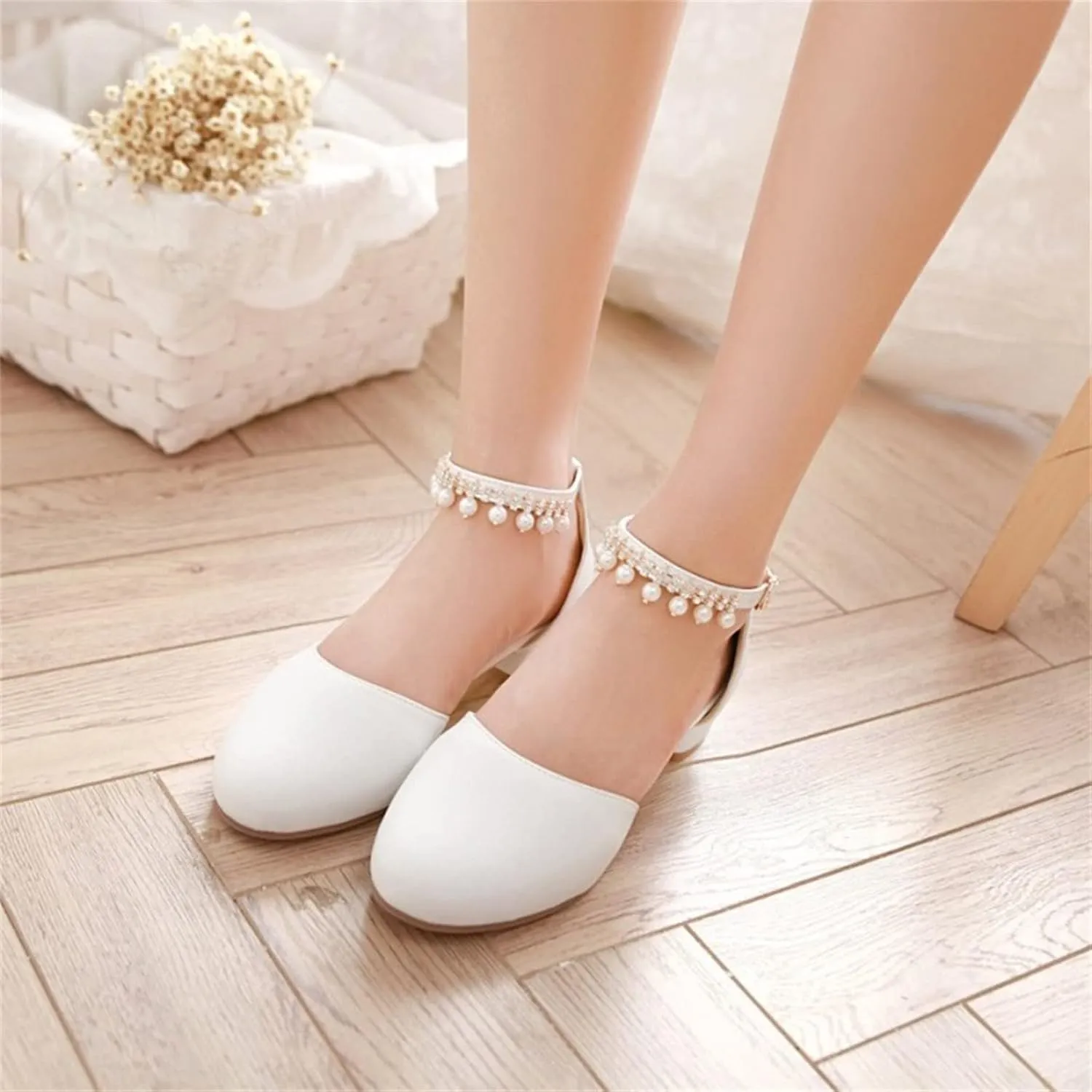 Girls Heels Dress Shoes Mary Jane Rhinestone Bows Pumps Low Heel Princess Flower Wedding Party for Toddler Little Kid