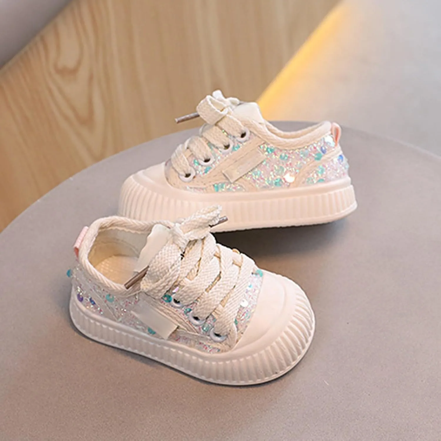 Girls Kids Sequins Sneaker Lace-Up Sport Shoes Toddler Breathable Non Slip Outdoor Running First Walking Light Shoes