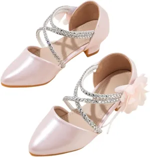 Girls Low Heels Dress Shoes Flower Rhinestone Mary Jane Princess Sandals Wedding Party