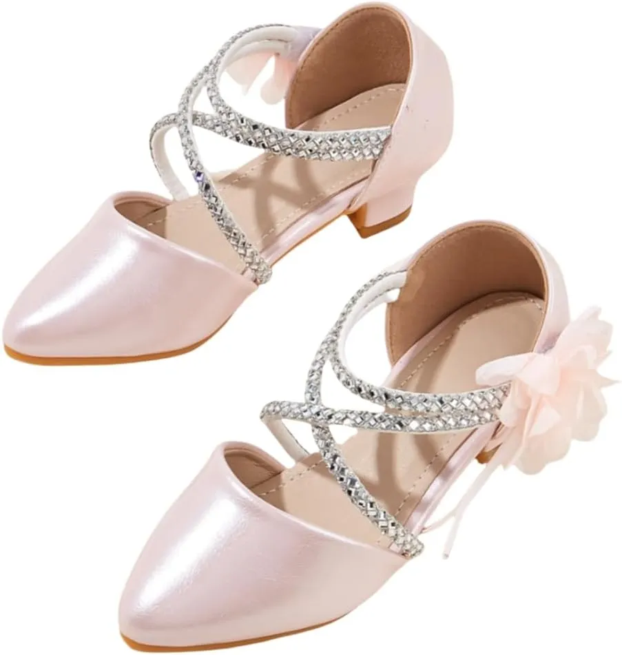 Girls Low Heels Dress Shoes Flower Rhinestone Mary Jane Princess Sandals Wedding Party