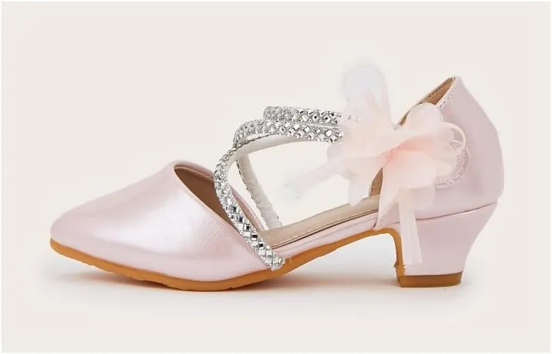 Girls Low Heels Dress Shoes Flower Rhinestone Mary Jane Princess Sandals Wedding Party