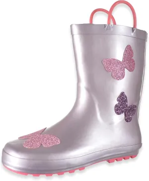 Girls Rain Boots for Little Kids - Waterproof Rubber Rainboots with Easy-On Handles (Pink Butterflies, Size 13)