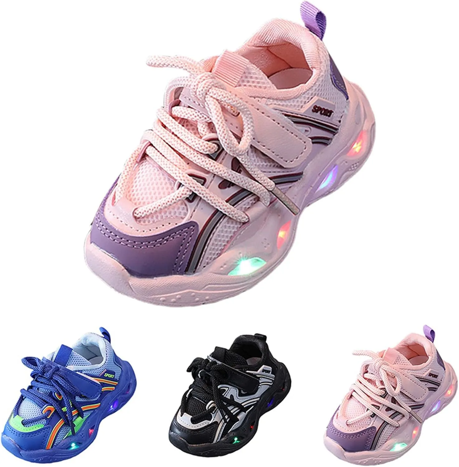 Glitter Light Up Sneakers for Toddler Baby Infant Boys Girls Lace-Up Open Toe First Walking Non Slip Shoes Breathable