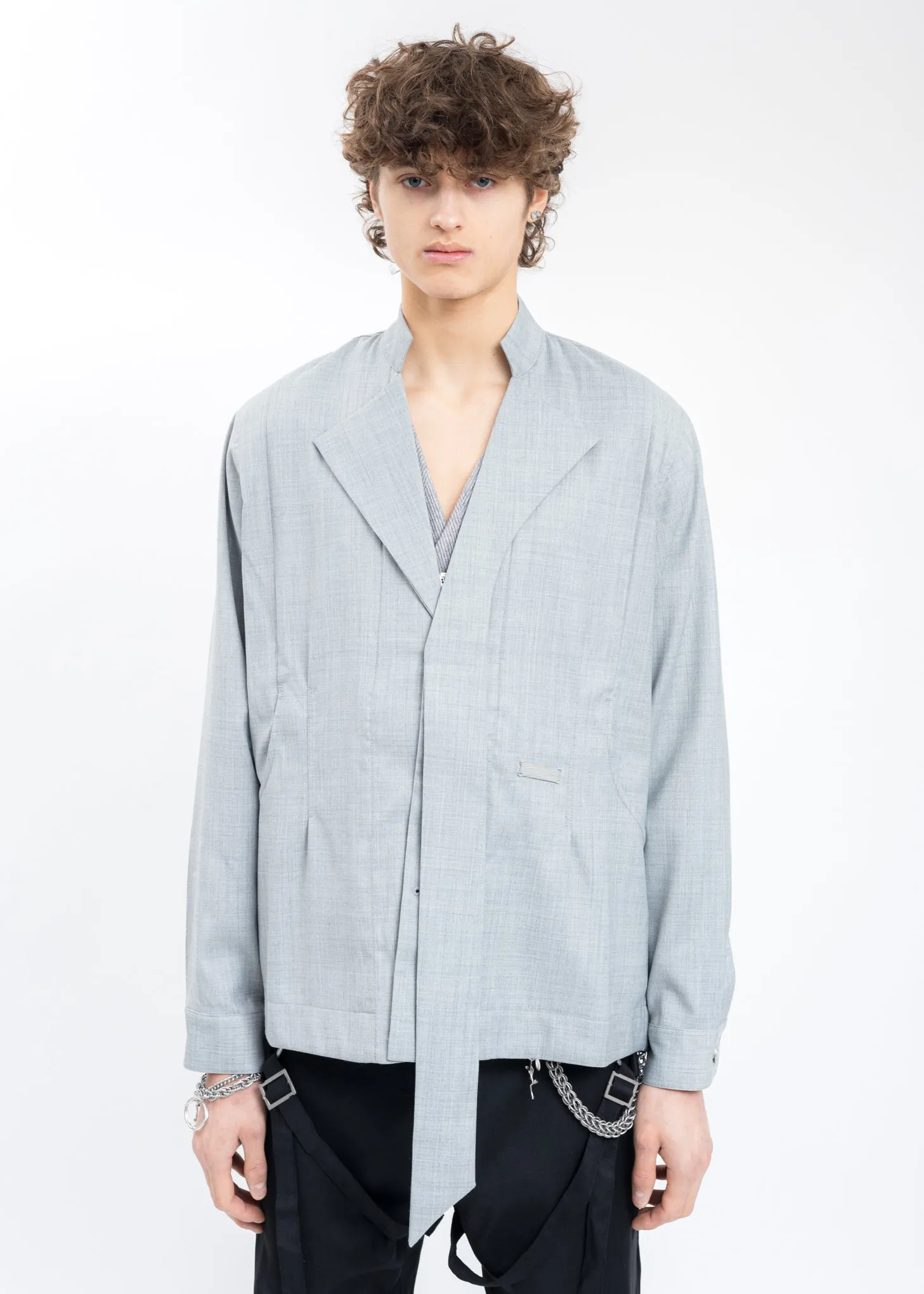 Grey Layered Arch Cutting Shirt Jacket