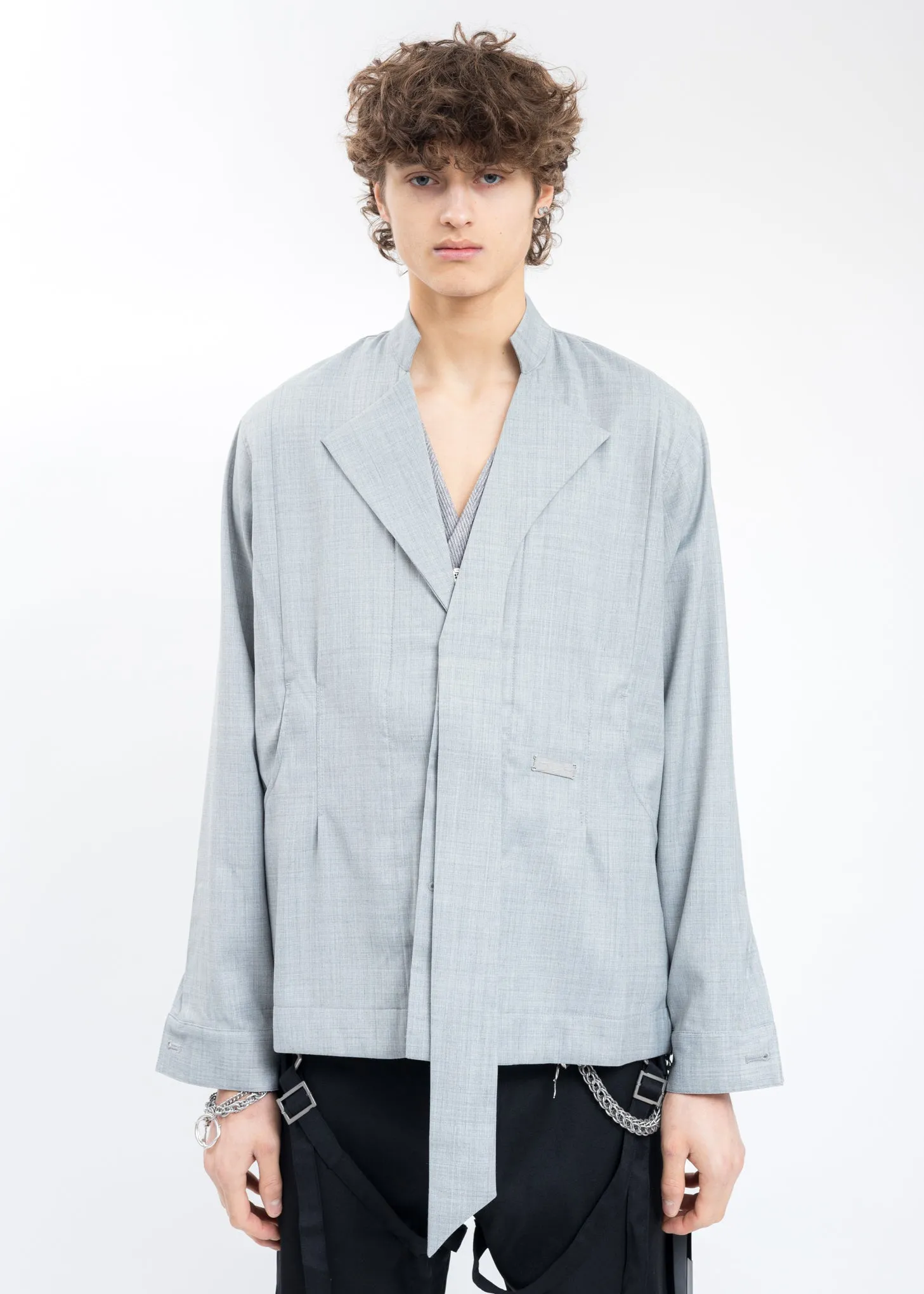 Grey Layered Arch Cutting Shirt Jacket