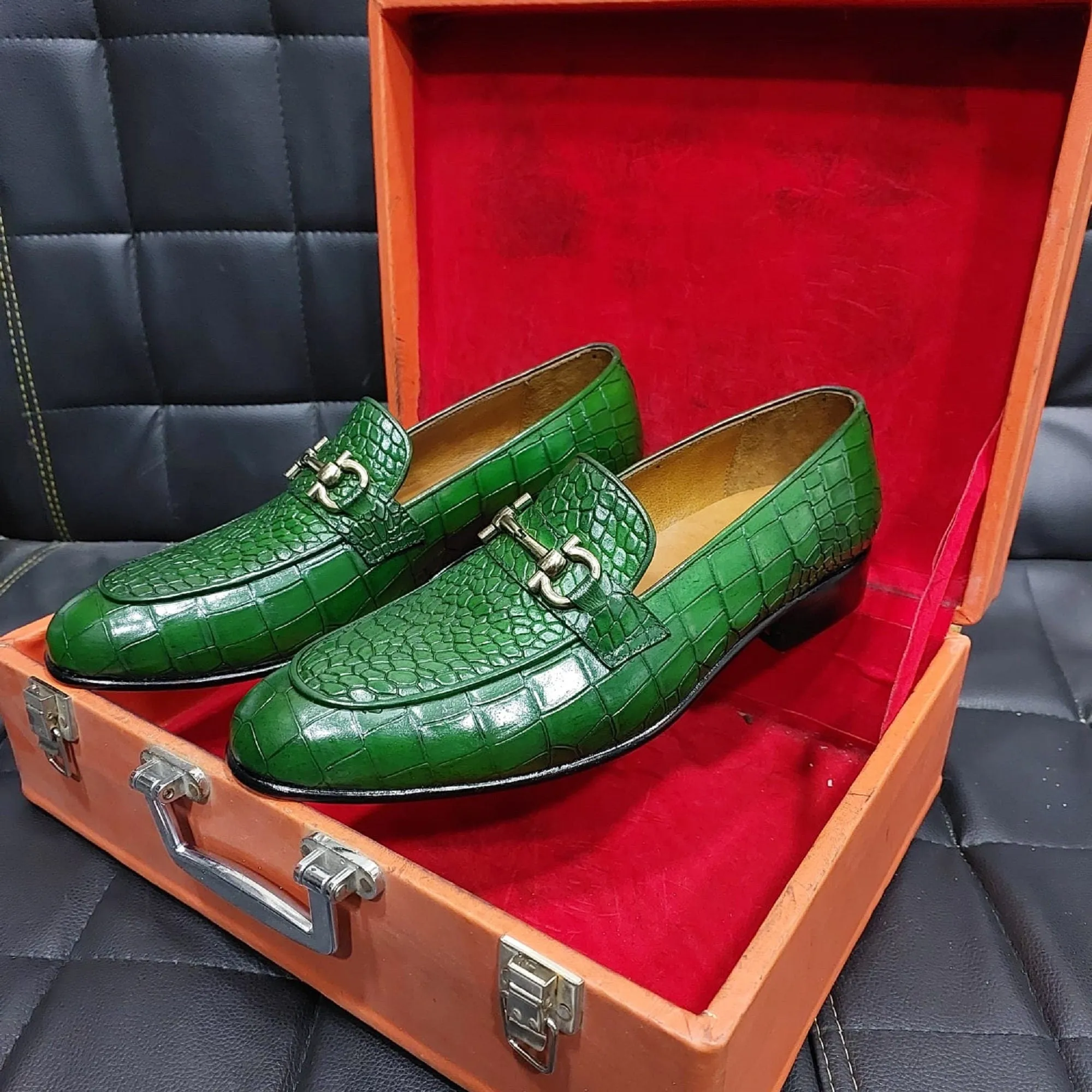 Handmade Alligator Textured Genuine Cow-Hide Leather Buckle Loafers For Men, Dress Formal Slip On Stylish Loafer Dress & Moccasin Shoes