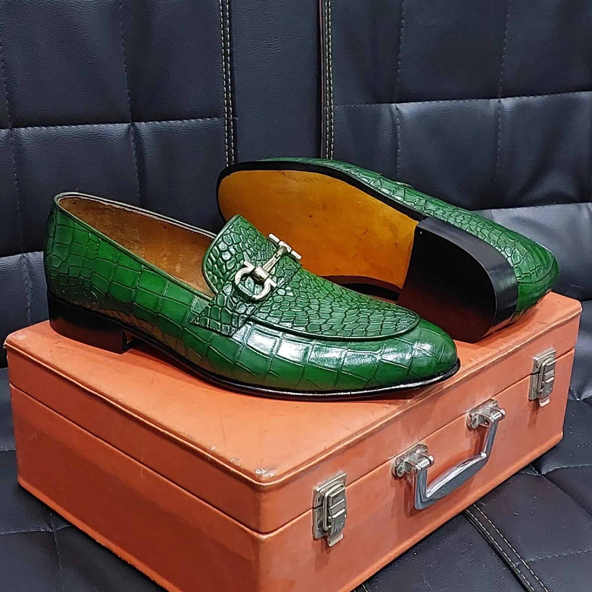 Handmade Alligator Textured Genuine Cow-Hide Leather Buckle Loafers For Men, Dress Formal Slip On Stylish Loafer Dress & Moccasin Shoes