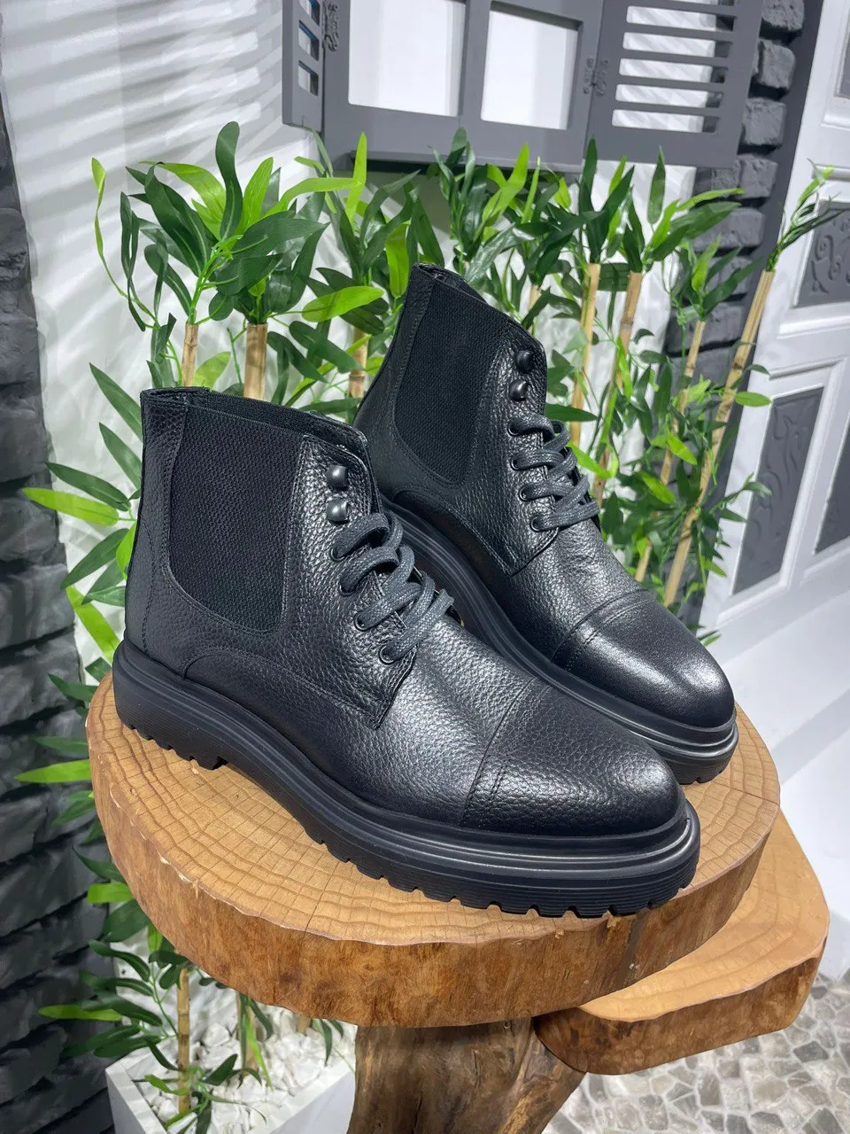 HolloMen Black Leather Combat Boots.