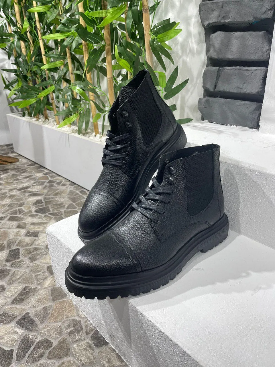 HolloMen Black Leather Combat Boots.