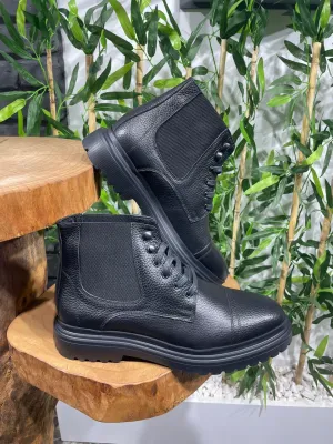 HolloMen Black Leather Combat Boots.