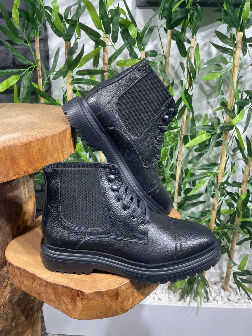 HolloMen Black Leather Combat Boots.