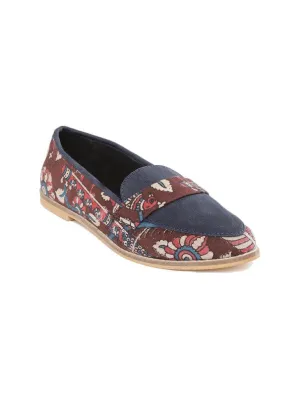 Maroon & Blue Suede Floral Block Printed Slip-on Loafers