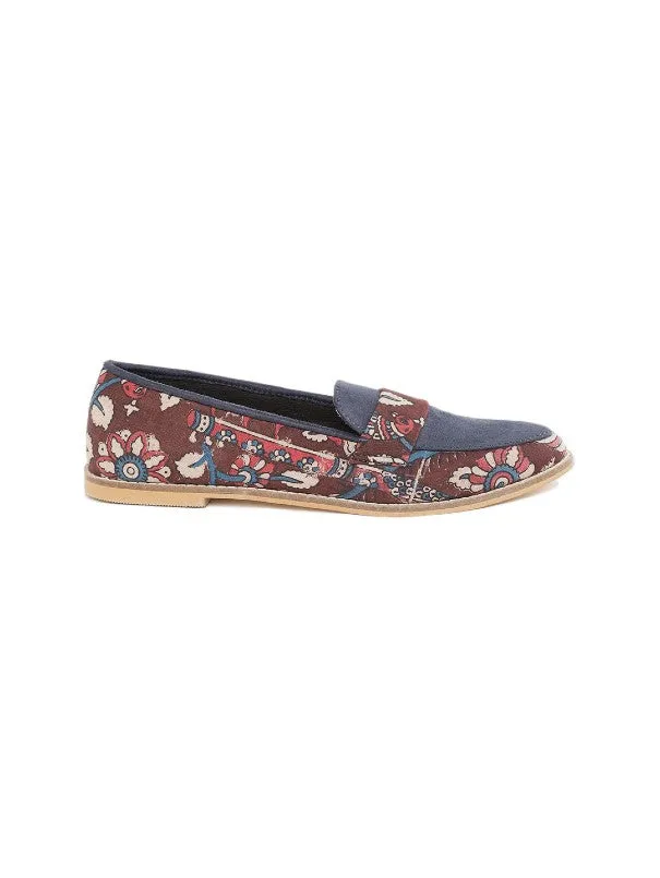 Maroon & Blue Suede Floral Block Printed Slip-on Loafers