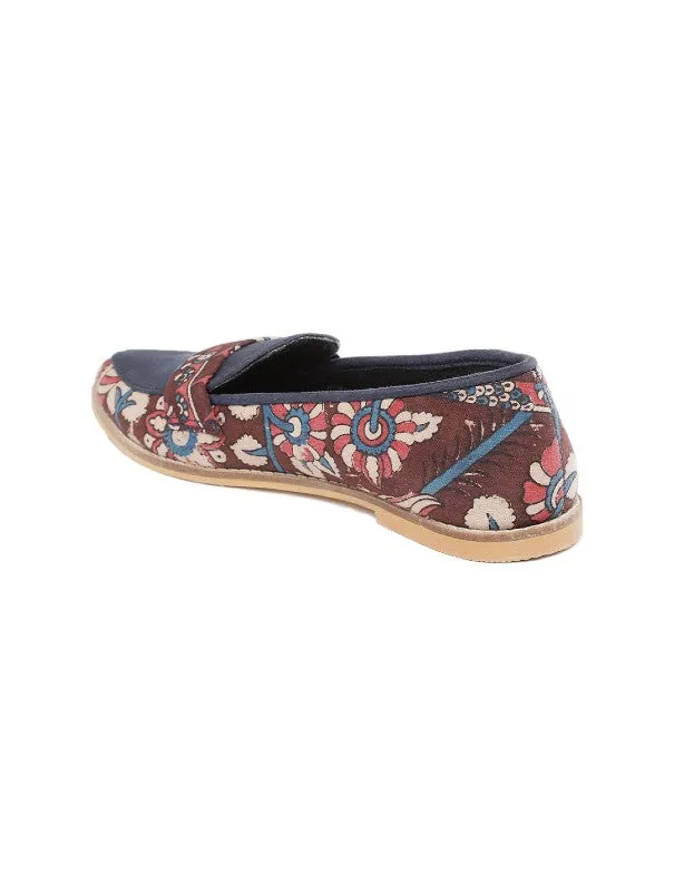 Maroon & Blue Suede Floral Block Printed Slip-on Loafers