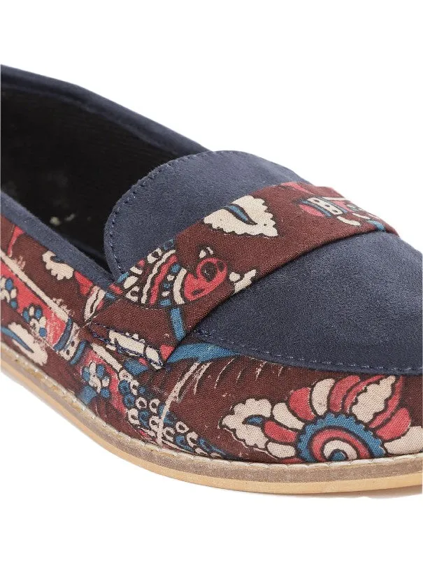 Maroon & Blue Suede Floral Block Printed Slip-on Loafers