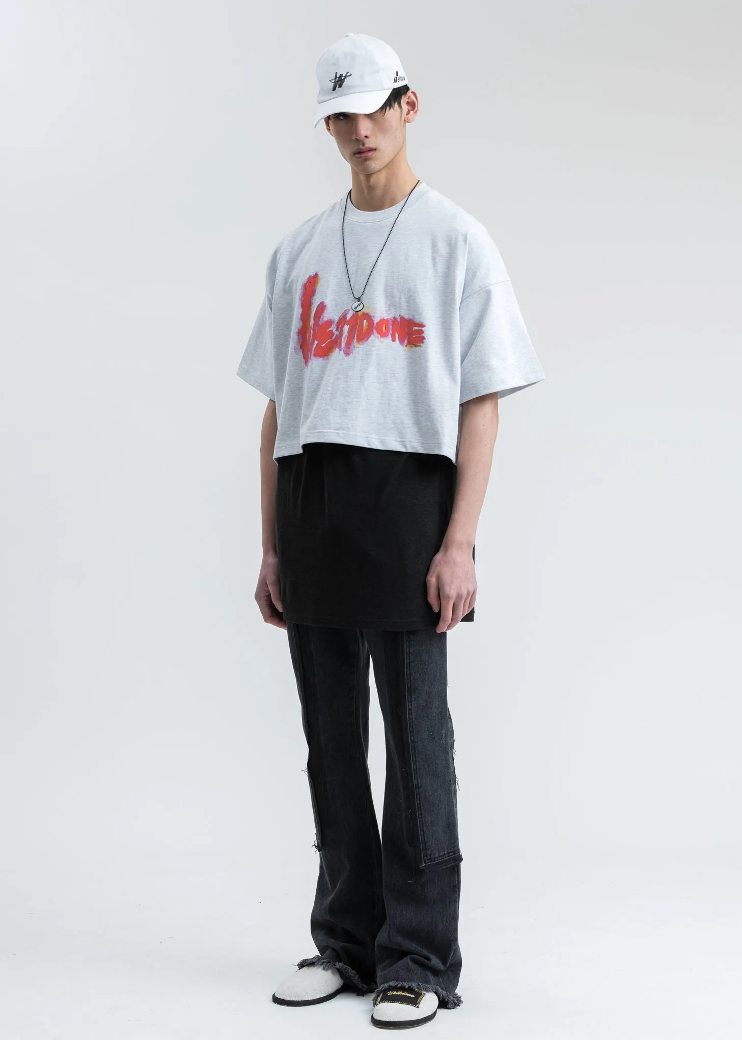 Melange Grey We11done Print Cropped T-Shirt