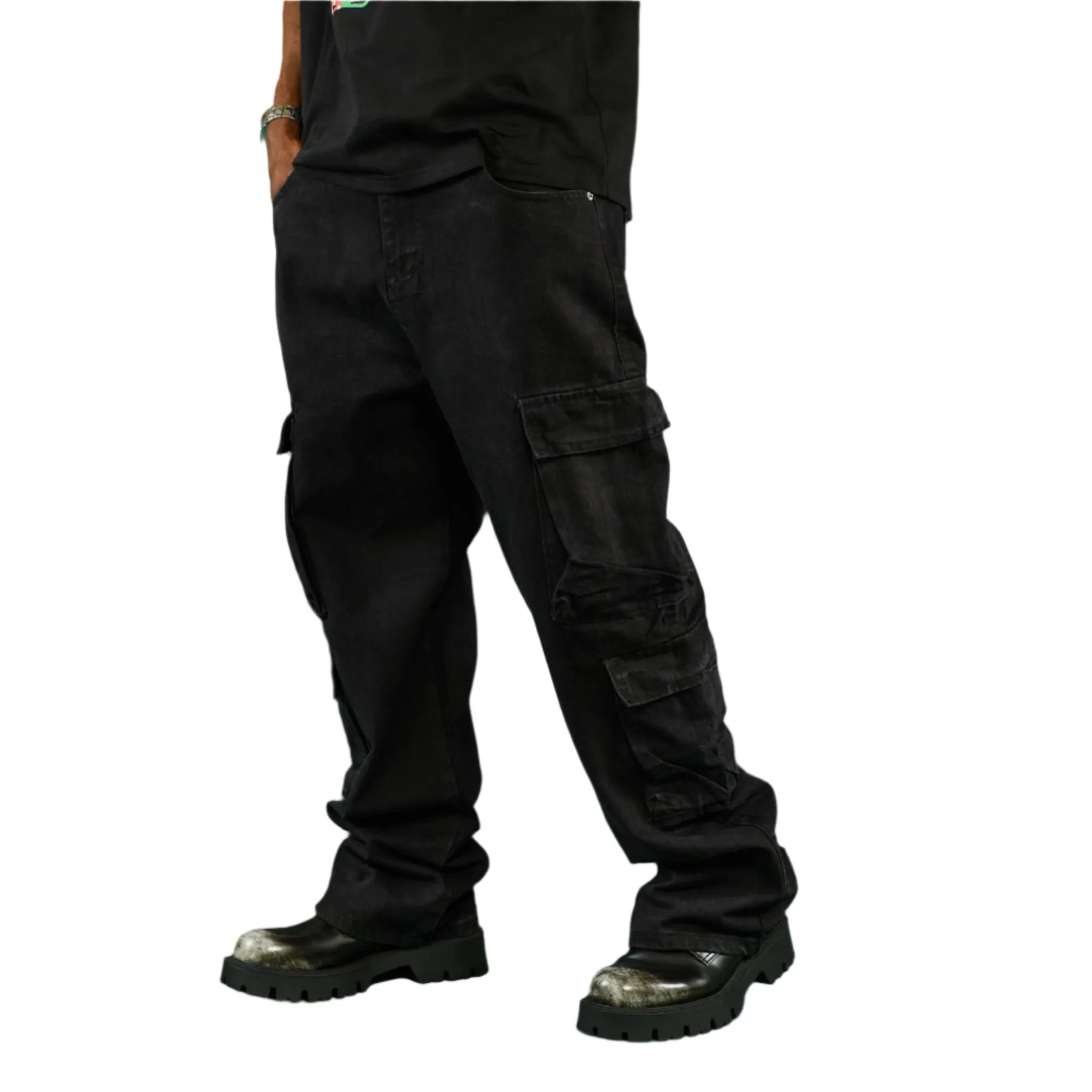 Men’s Black Multi-Pocket Relaxed Fit Cargo Denim