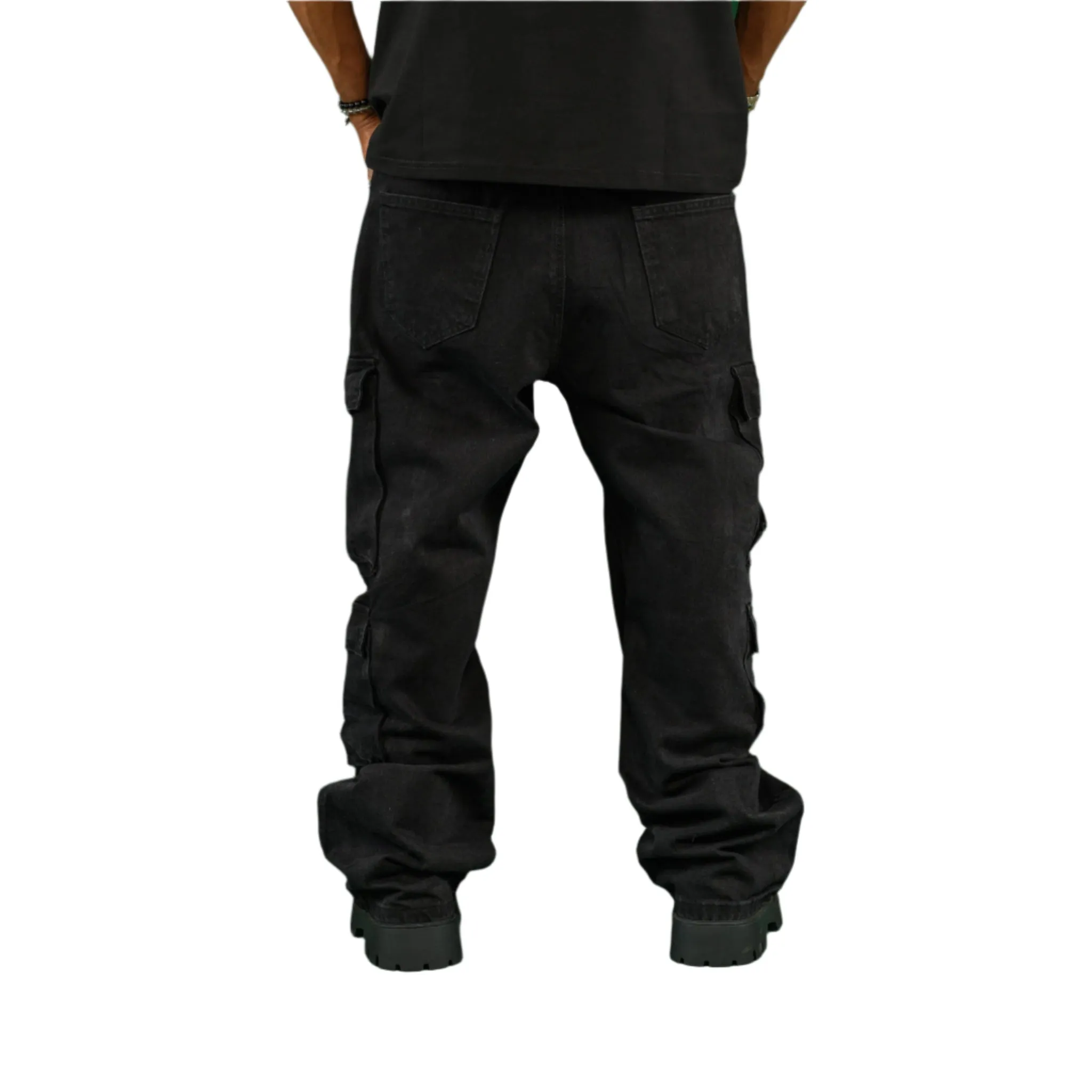 Men’s Black Multi-Pocket Relaxed Fit Cargo Denim