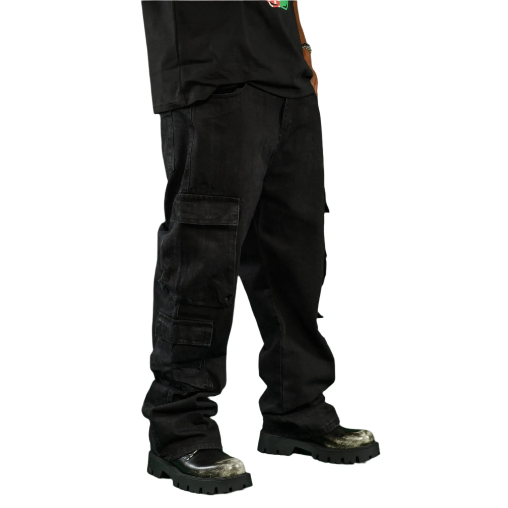 Men’s Black Multi-Pocket Relaxed Fit Cargo Denim