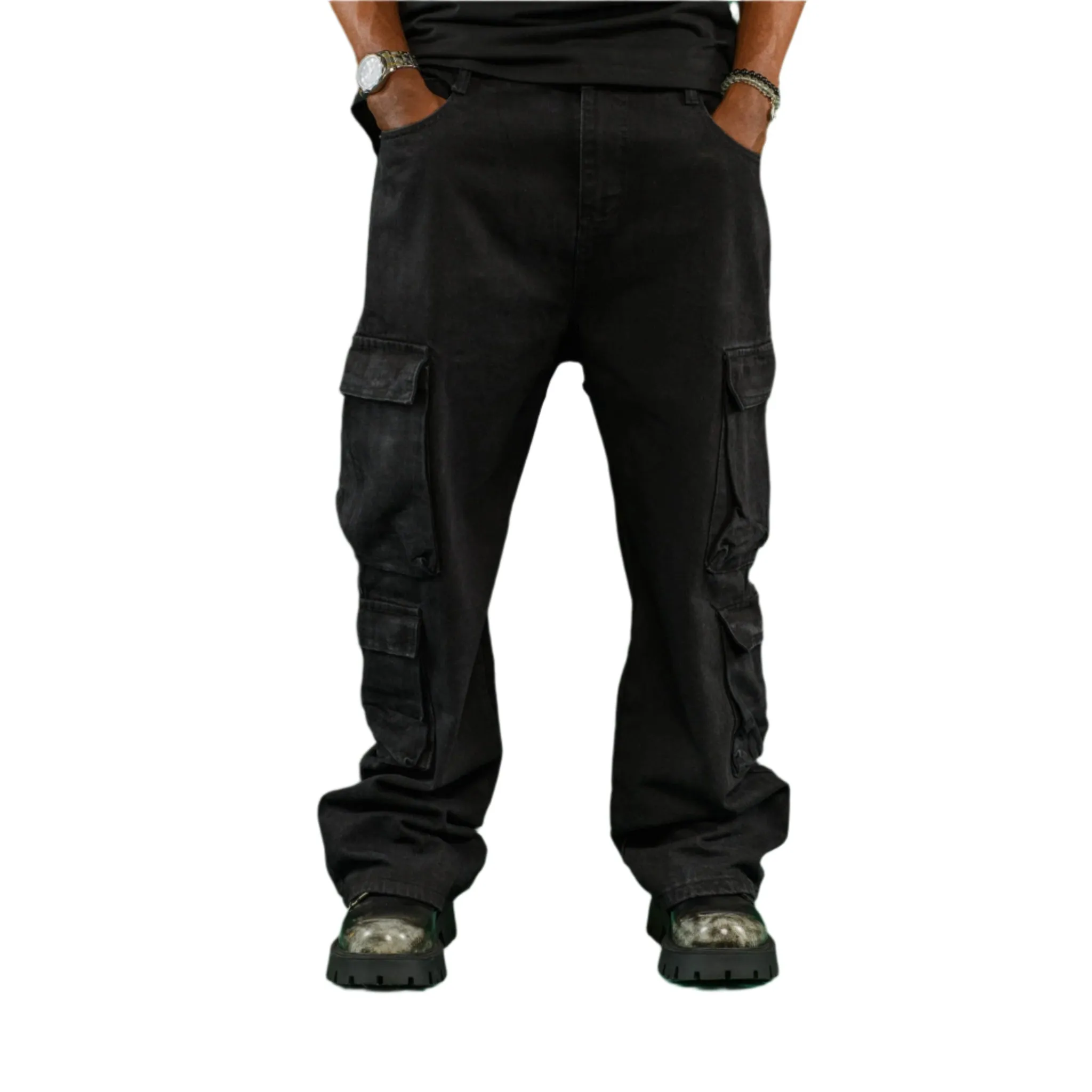 Men’s Black Multi-Pocket Relaxed Fit Cargo Denim